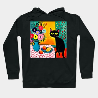 Still Life Painting with Black Cat and Flower Vase Hoodie